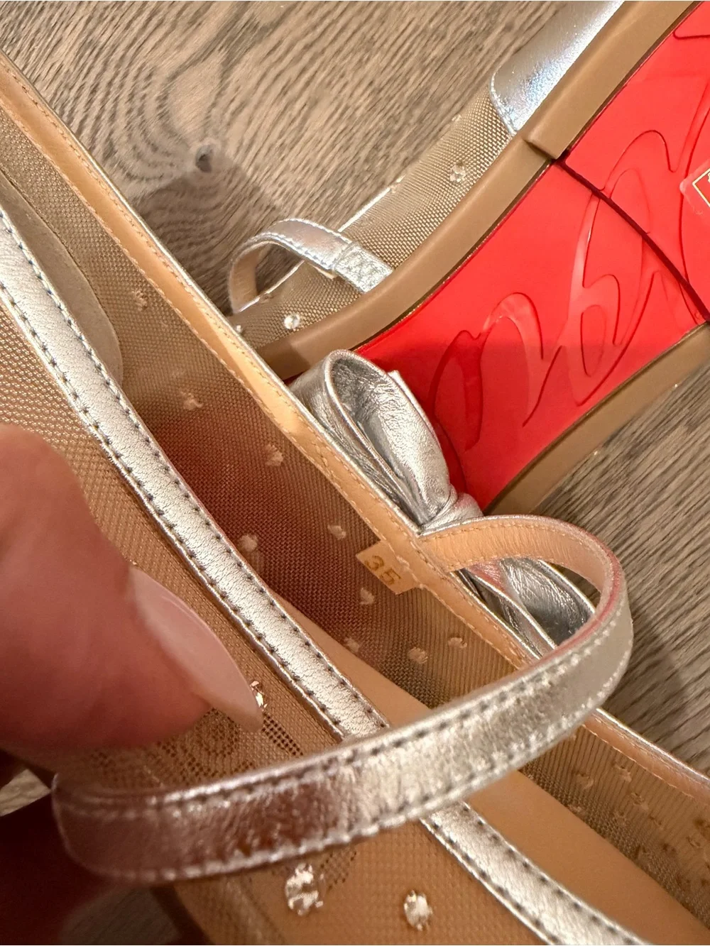Christian Louboutin Kids Tan Mary Jane Shoes with Silver Trim & Studs